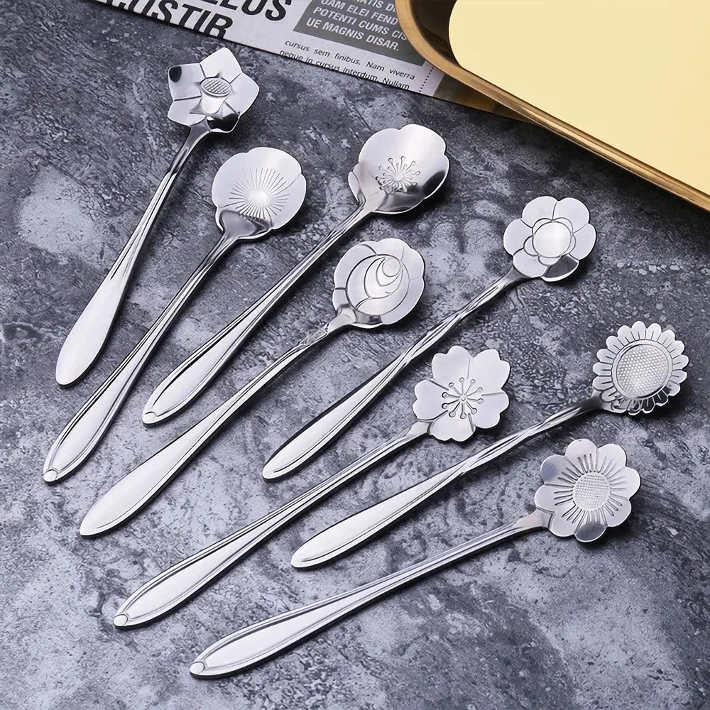 8-Piece Flower Spoon Set with Unique Stainless Steel Flower Design for Elegant Tea, Coffee, and Dessert Presentation