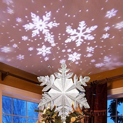 Sparkling Snow Flurry Christmas Tree Topper with 3D star design, LED projector, and rotating multicolour patterns