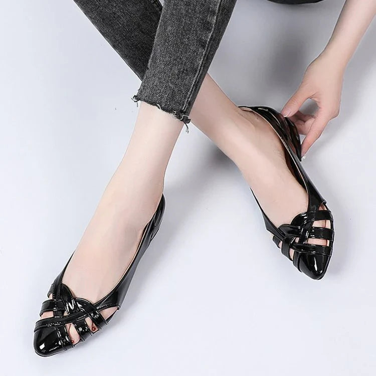 Comfortable and stylish women's pointed toe low-heel fashion shoes with a unique hollow design, available in black, khaki, and beige colours