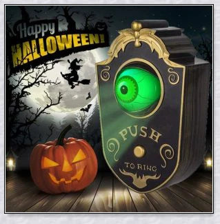 Animated Halloween doorbell with a pop-up green eyeball that glows and turns to frighten guests