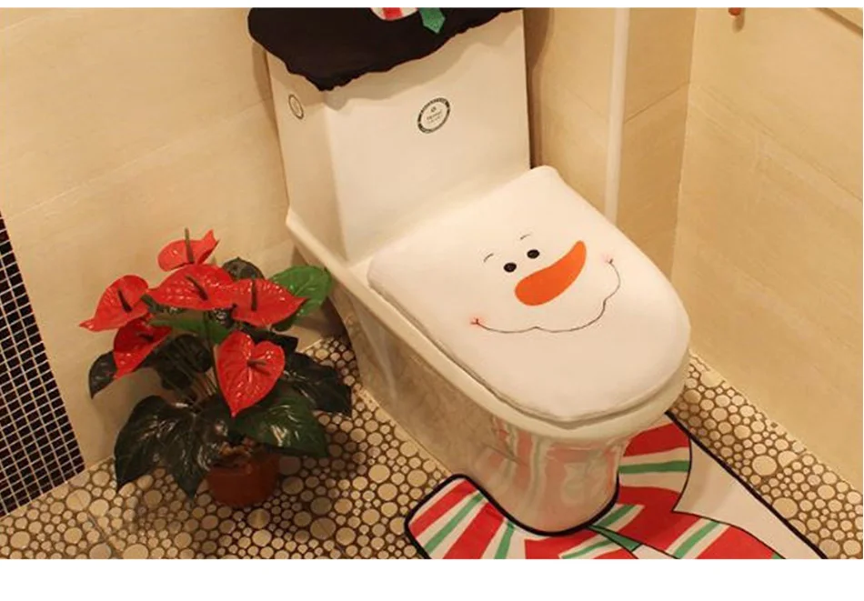 Christmas toilet seat cover sets featuring Santa Claus, Elk, Elf, and Snowman designs to decorate Kiwi bathrooms for the holidays