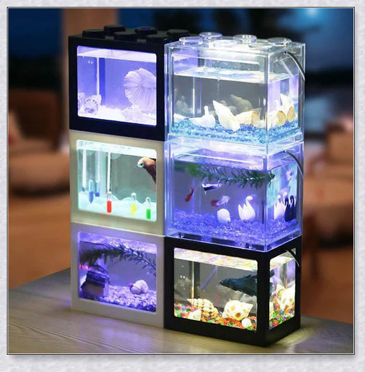 Stackable InspireHOME Mini Block Aquarium with LED lighting, showcasing various color options and configuration possibilities