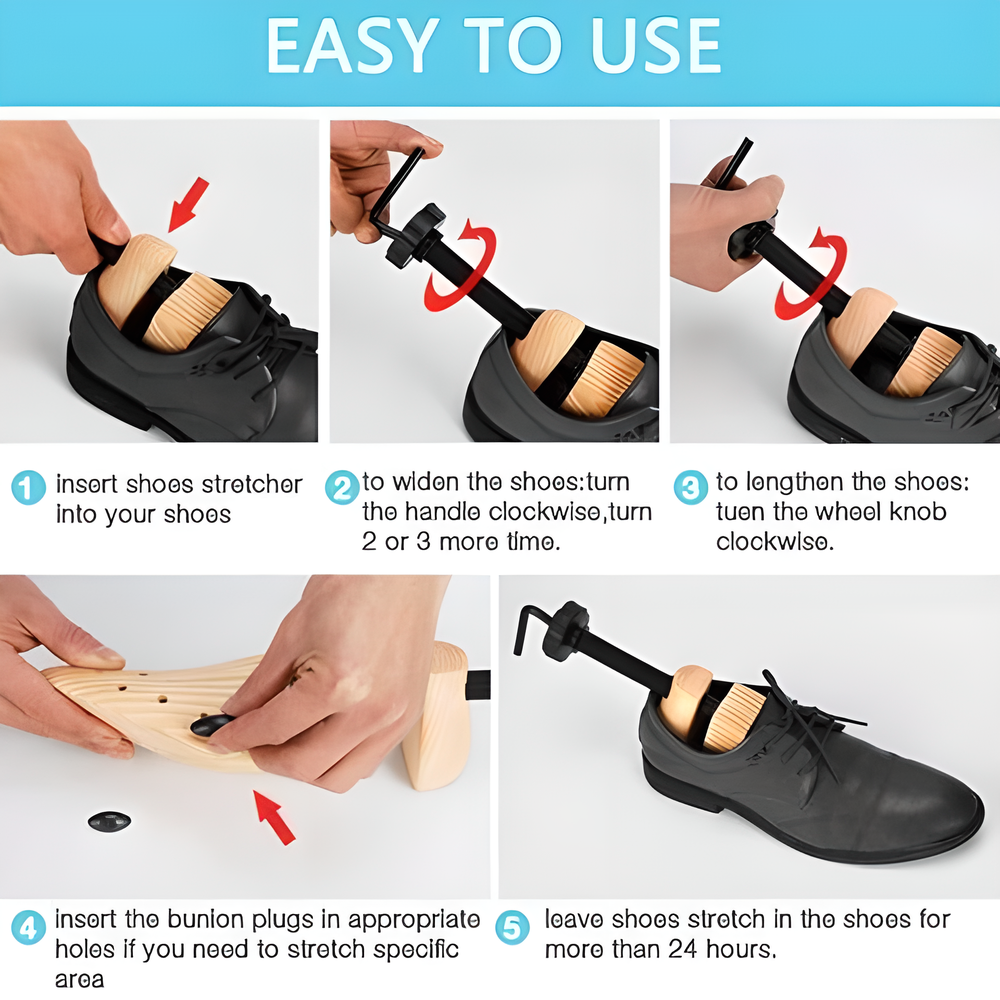 Adjustable wooden shoe stretcher expanding a pair of shoes, made with high-quality New Zealand timber