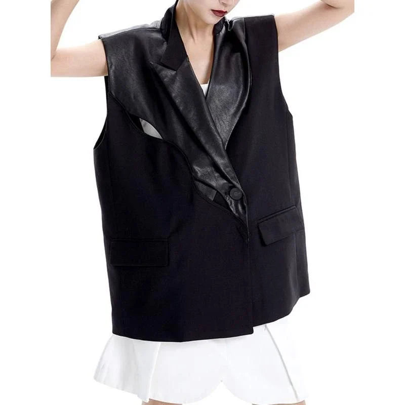 Stylish wide-shoulder PU leather patchwork waistcoat in a modern, three-dimensional design