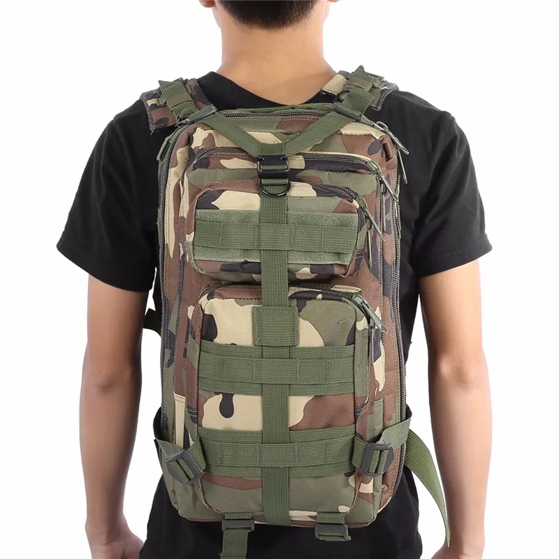 Army-inspired travel backpack with 8 camouflage patterns, featuring a spacious main compartment, adjustable straps, and breathable mesh back panel