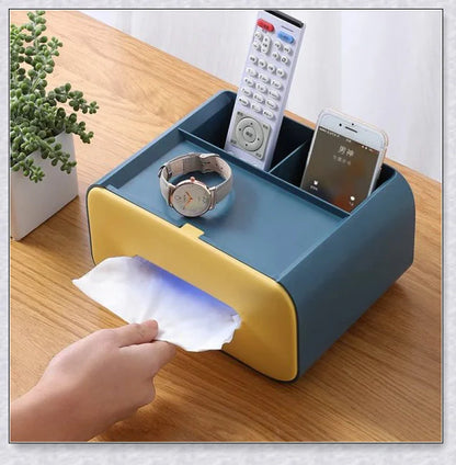 Stylish Scandi-inspired tissue box organizer with storage compartment for remote controls, makeup, and other small items, perfect for Kiwi desks and living spaces.