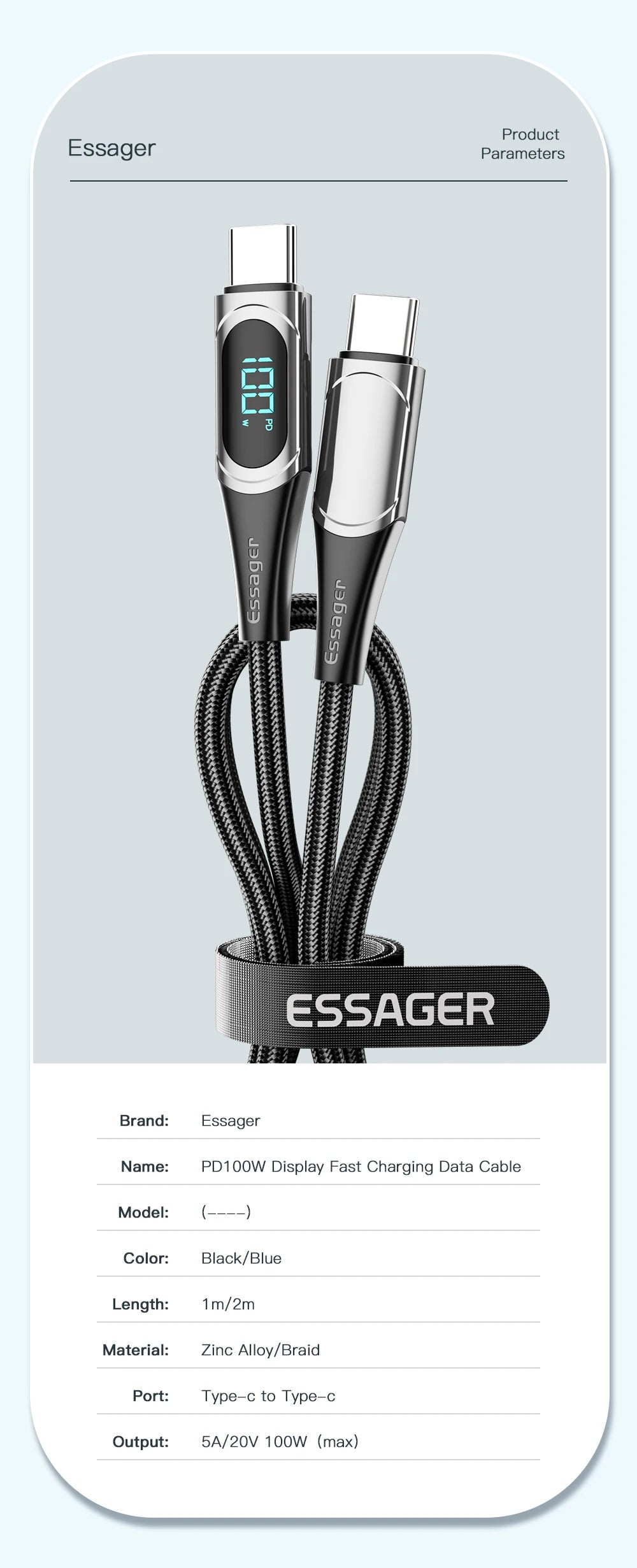 Essager Super Fast PD 100W/5A Type-C Charging Cable with Smart LED Display - Available in Black and Blue