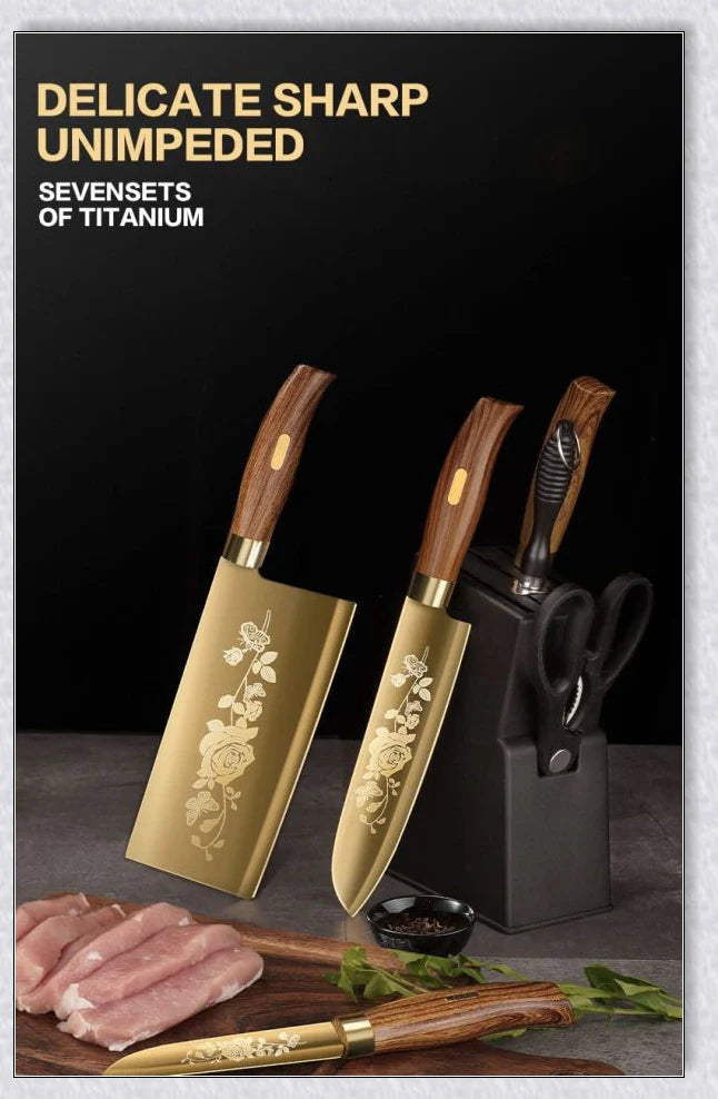 Titangold Designer Titanium Kitchen Knife Set with premium stainless steel blades and innovative titanium coating for enhanced corrosion resistance and durability.
