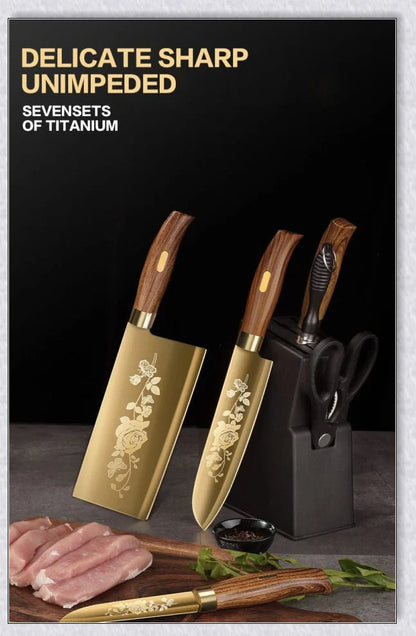 Titangold Designer Titanium Kitchen Knife Set with premium stainless steel blades and innovative titanium coating for enhanced corrosion resistance and durability.