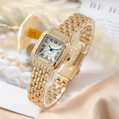 Elegant square women's watch with stainless steel case and bracelet, featuring a sleek and sophisticated design