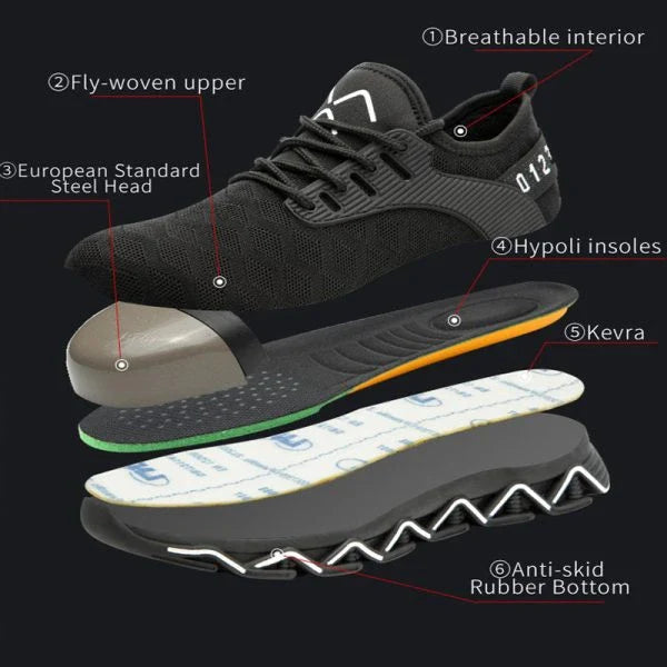 Breathable, woven safety shoes with a steel toe cap for impact protection and a cushioned sole for all-day comfort.