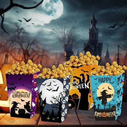 Creepop Halloween Popcorn Boxes with spooky pumpkin and blood handprint designs, perfect for Kiwi Halloween parties