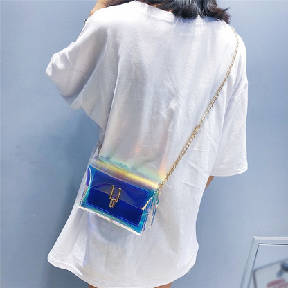 GEONYIEEK transparent modern coloured handbag in silver, pink, and blue shades with adjustable gold chain strap