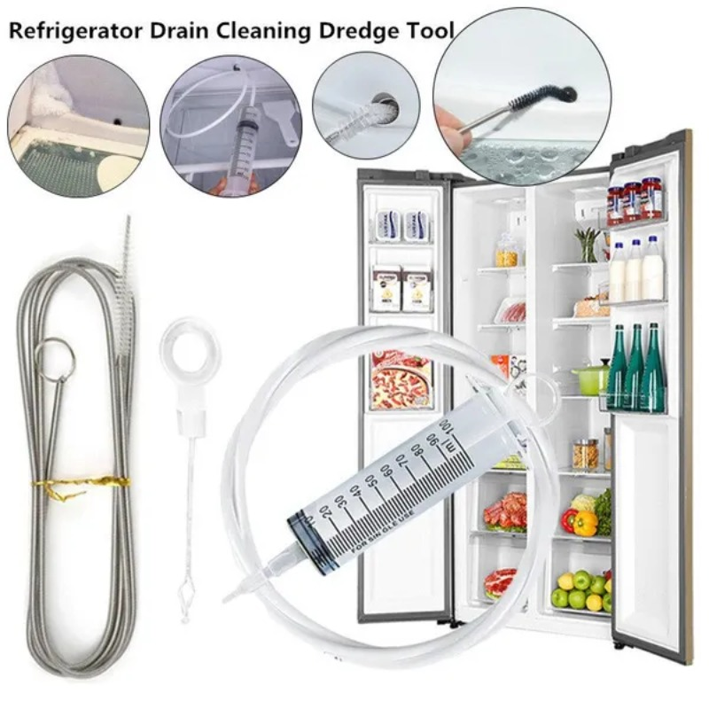 5-piece refrigerator drain hole cleaning kit with stainless steel brush, suction hose, and plastic scraper for thorough appliance maintenance