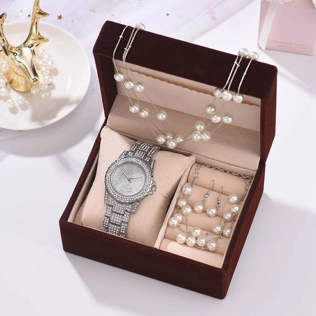 Trendha Fashion Accessory Set with Diamond Watch, Pearl Bracelet, Earrings, and Necklace