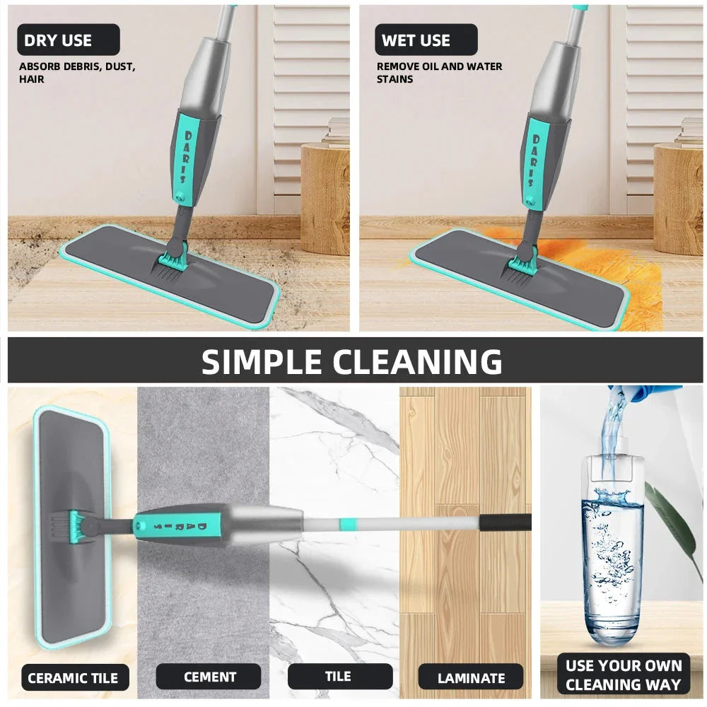 360-degree rotating microfiber floor mop with spray function, ideal for cleaning hardwood, tile, and other hard floor surfaces in Kiwi homes