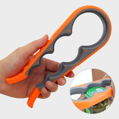 Versatile 4-in-1 Bottle and Jar Opener - a multi-purpose kitchen tool with 4 different sized openings to fit a wide range of lids and caps