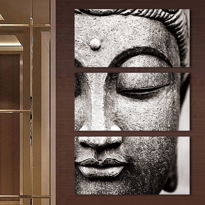 Serene 3-panel Buddha canvas wall art with a detailed, monochrome image of the Buddha's face