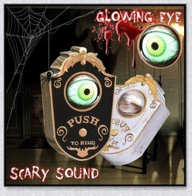 Animated Halloween doorbell with a pop-up green eyeball that glows and turns to frighten guests