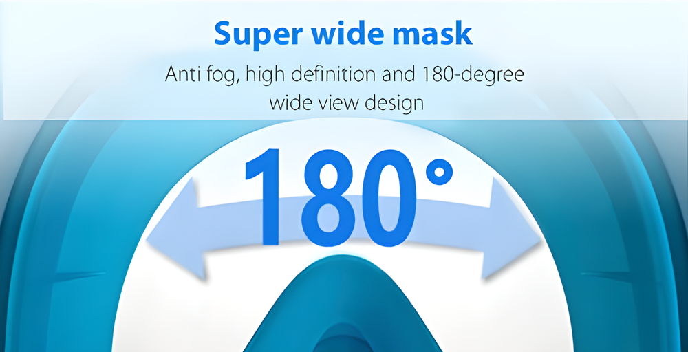 Full face snorkeling mask with 180-degree panoramic view, anti-fog and anti-leak design, and detachable camera mount