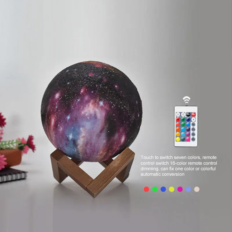 A 3D printed moon lamp with 16 colour options and a remote control, creating a stunning celestial ambiance in a living room.