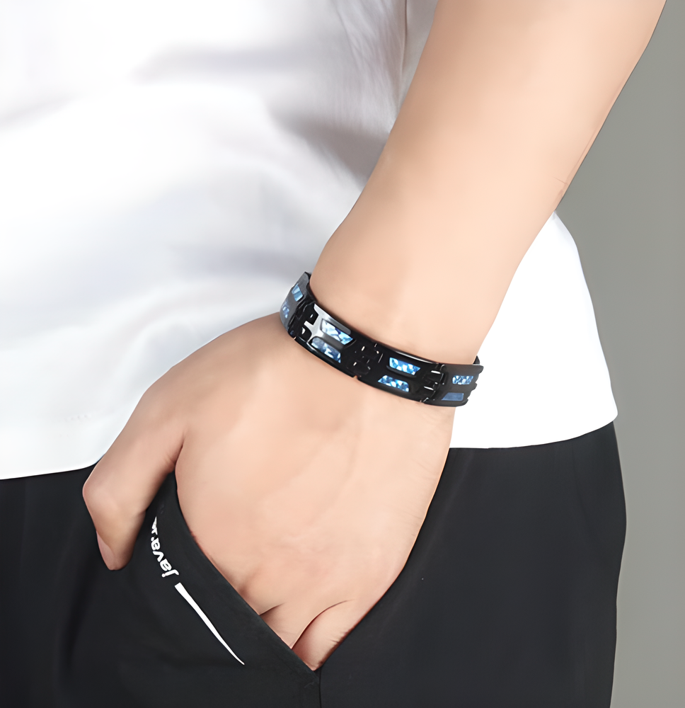 Titanium 4-in-1 Magnetic Energy Wellness Bracelet with powerful magnets, negative ions, and far infrared technology for pain relief and overall wellness