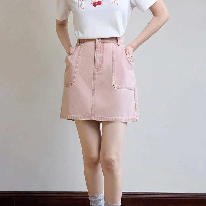 High Waist Pink Denim A-Line Mini Skirt for Women - Comfortable, Stylish, and Versatile Summer Skirt