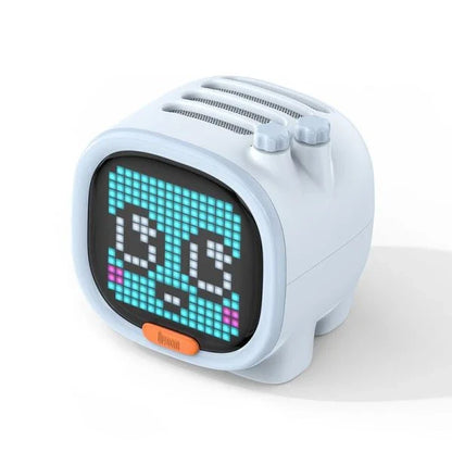 Stylish Bluetooth Pixel Alarm Clock with vibrant display, wireless audio, and compact, portable design