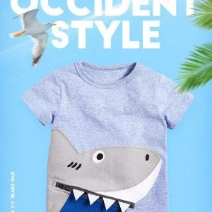 Cosy cotton cartoon t-shirt for children, featuring a shark design and short sleeves for comfortable, breathable wear.