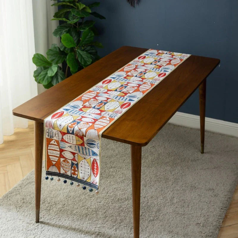 Festive Kiwi Fish Table Runner - Vibrant jacquard design in New Zealand-inspired fish pattern for dining and home decor