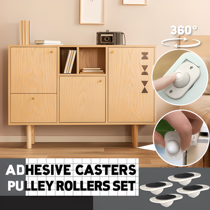 Self-adhesive furniture caster rollers in white colour, allowing 360-degree swivelling for easy mobility of heavy items