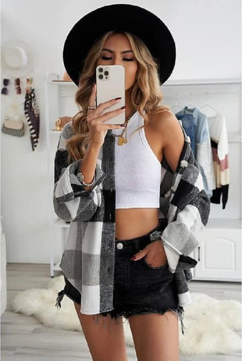 Shopfluxpro NZ Casual Long Sleeve Lapel Loose Fitting Plaid Wool Coat