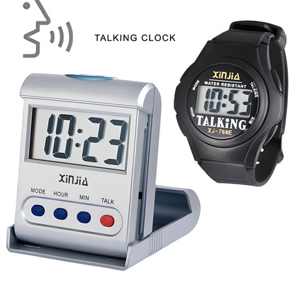 Talking Digital Alarm Clock and Wristwatch Set with voice-enabled time-telling, backlit display, and waterproof design for inclusive timekeeping