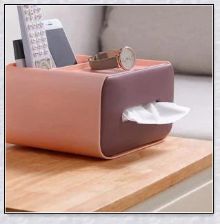 Stylish Scandi-inspired tissue box organizer with storage compartment for remote controls, makeup, and other small items, perfect for Kiwi desks and living spaces.
