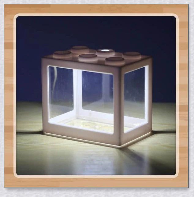 Stackable InspireHOME Mini Block Aquarium with LED lighting, showcasing various color options and configuration possibilities