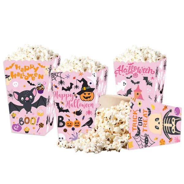 Creepop Halloween Popcorn Boxes with spooky pumpkin and blood handprint designs, perfect for Kiwi Halloween parties