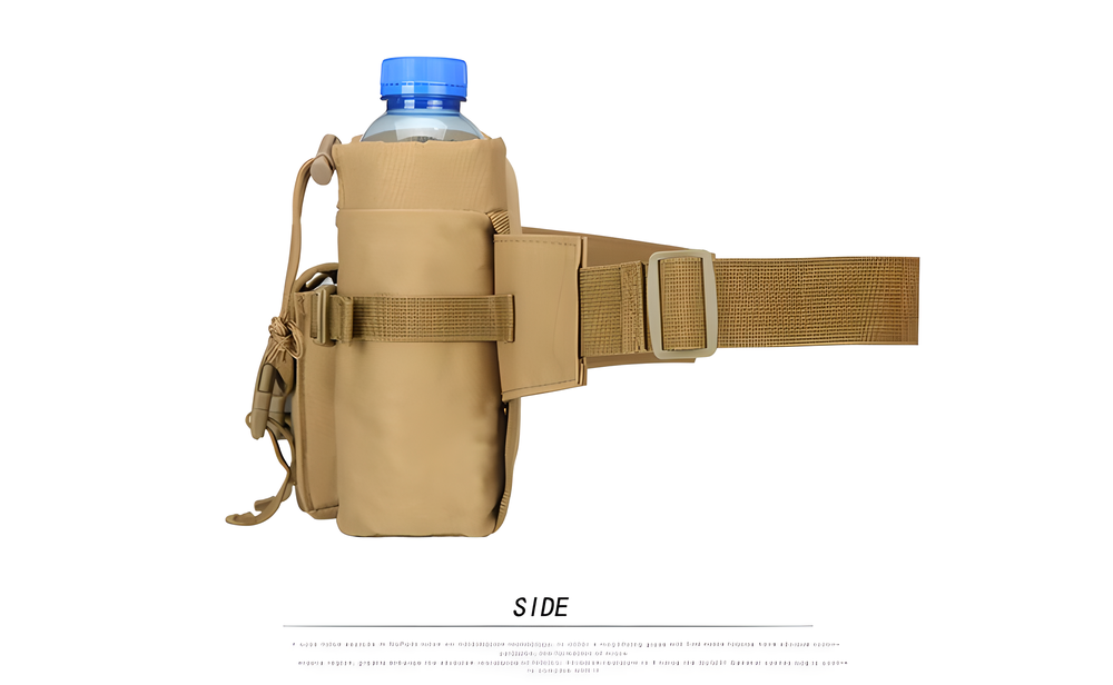 Tactical Water Bottle Waist Belt Pouch in various colours, including black, army green, and digital camo patterns, designed for active outdoor use in New Zealand.