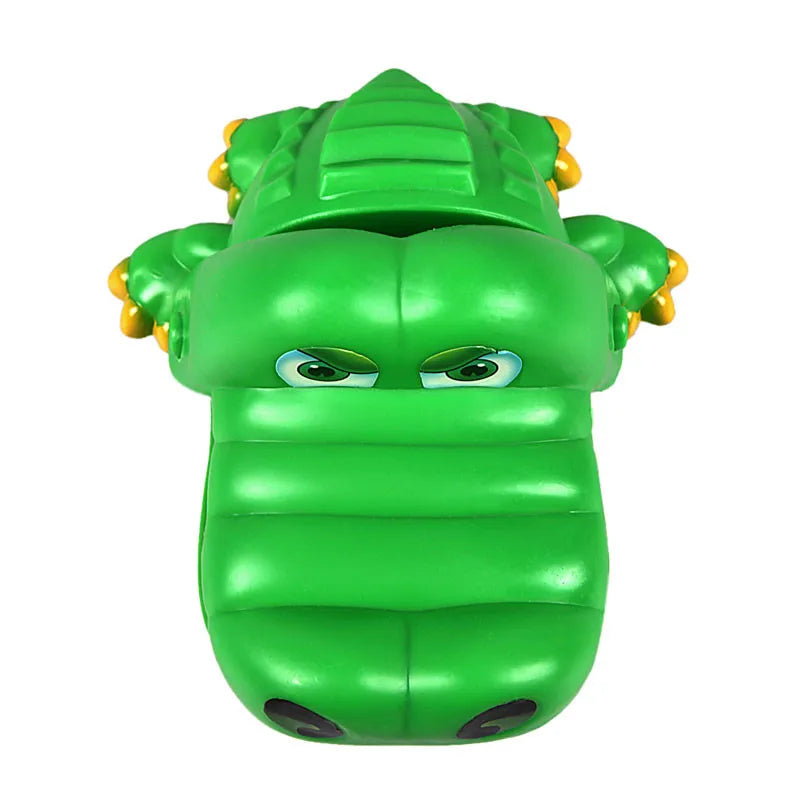 Vivid green crocodile with big eyes, wide open mouth, and sharp teeth - the Crocodile Dentist Game challenges players to carefully pull out the sore teeth using special tongs.