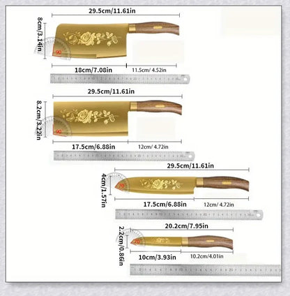 Titangold Designer Titanium Kitchen Knife Set with premium stainless steel blades and innovative titanium coating for enhanced corrosion resistance and durability.