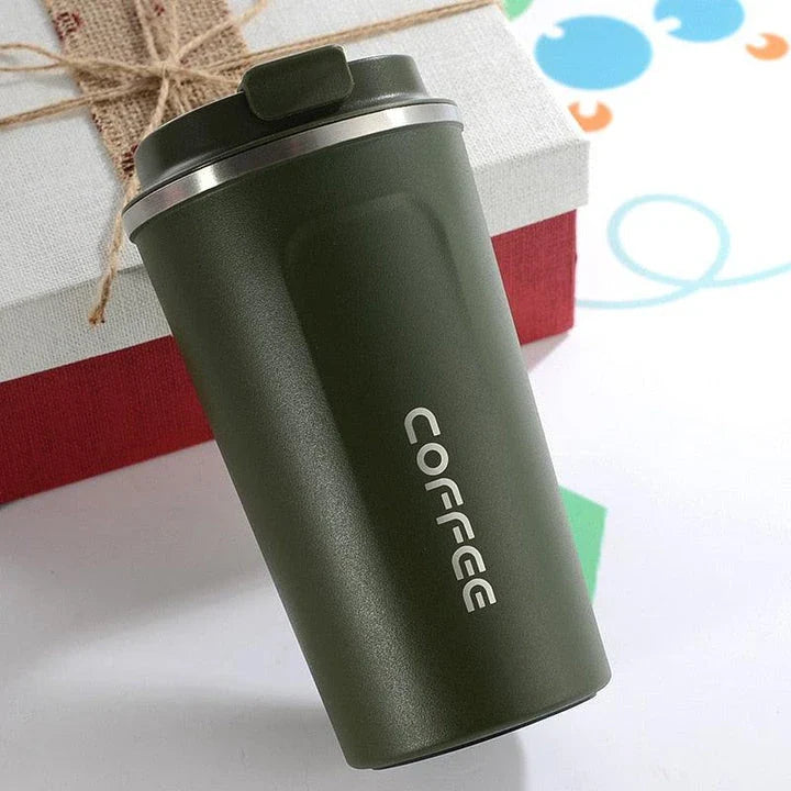 Stainless steel double-wall coffee mug with spill-proof lid, available in white color and small or large sizes