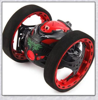 Mini 2.4GHz remote control bounce car in red and white, capable of jumping up to 31.5 inches high and performing stunts like 360-degree spins