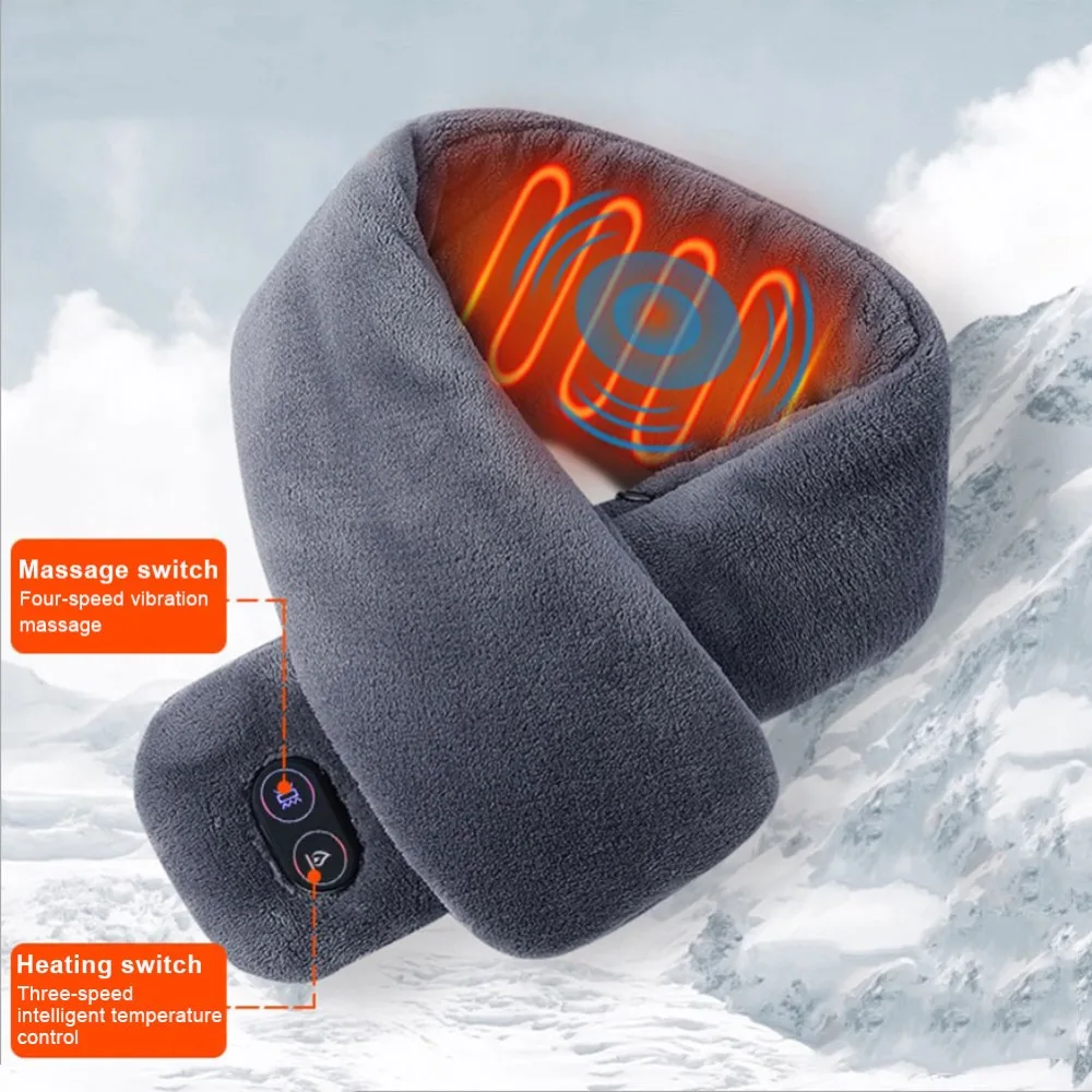 USB-powered heated winter scarf with fleece fabric, adjustable heat and massage settings for warmth and comfort in cold New Zealand weather